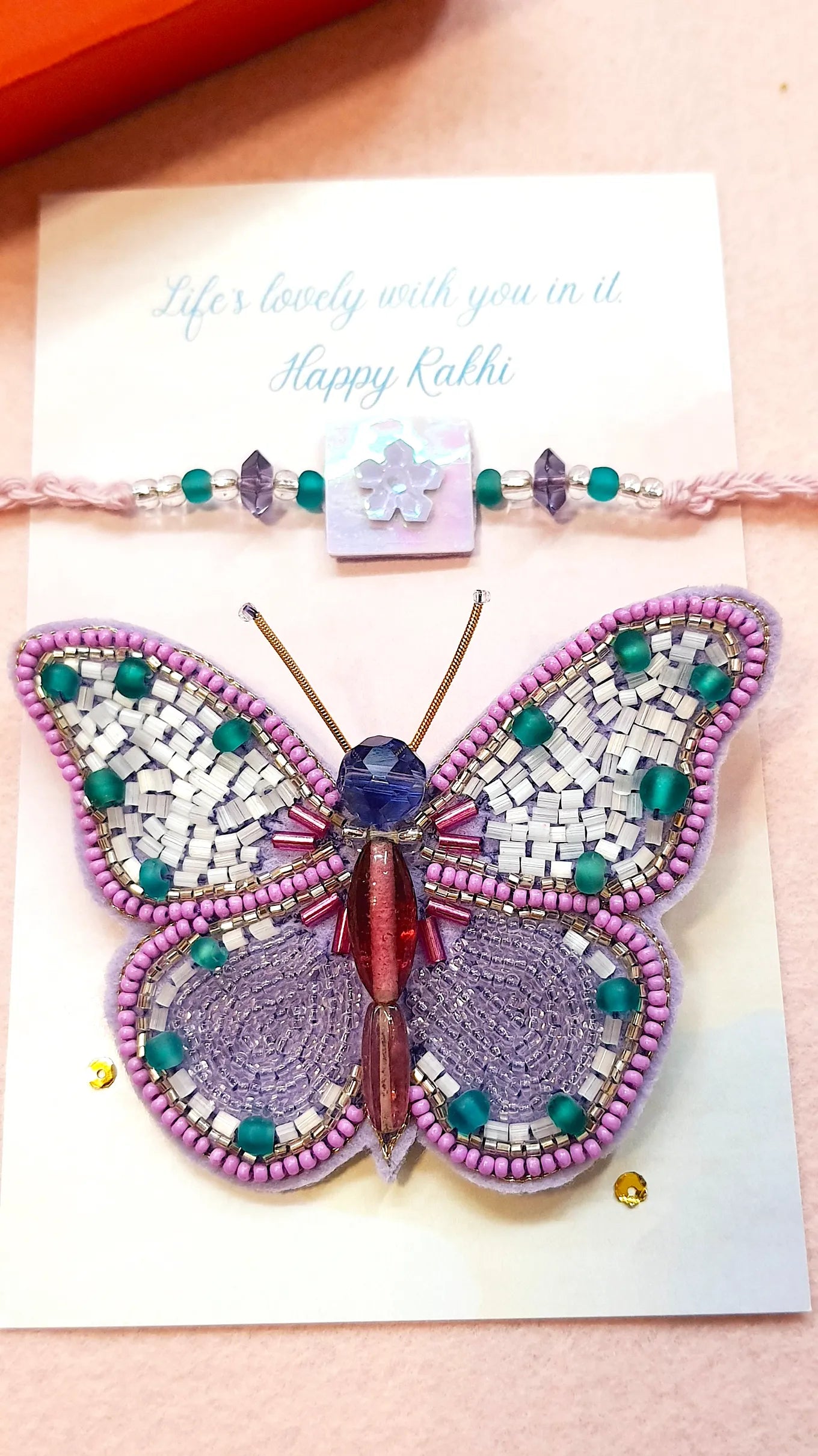Flora Rakhi & Lavender Butterfly Brooch