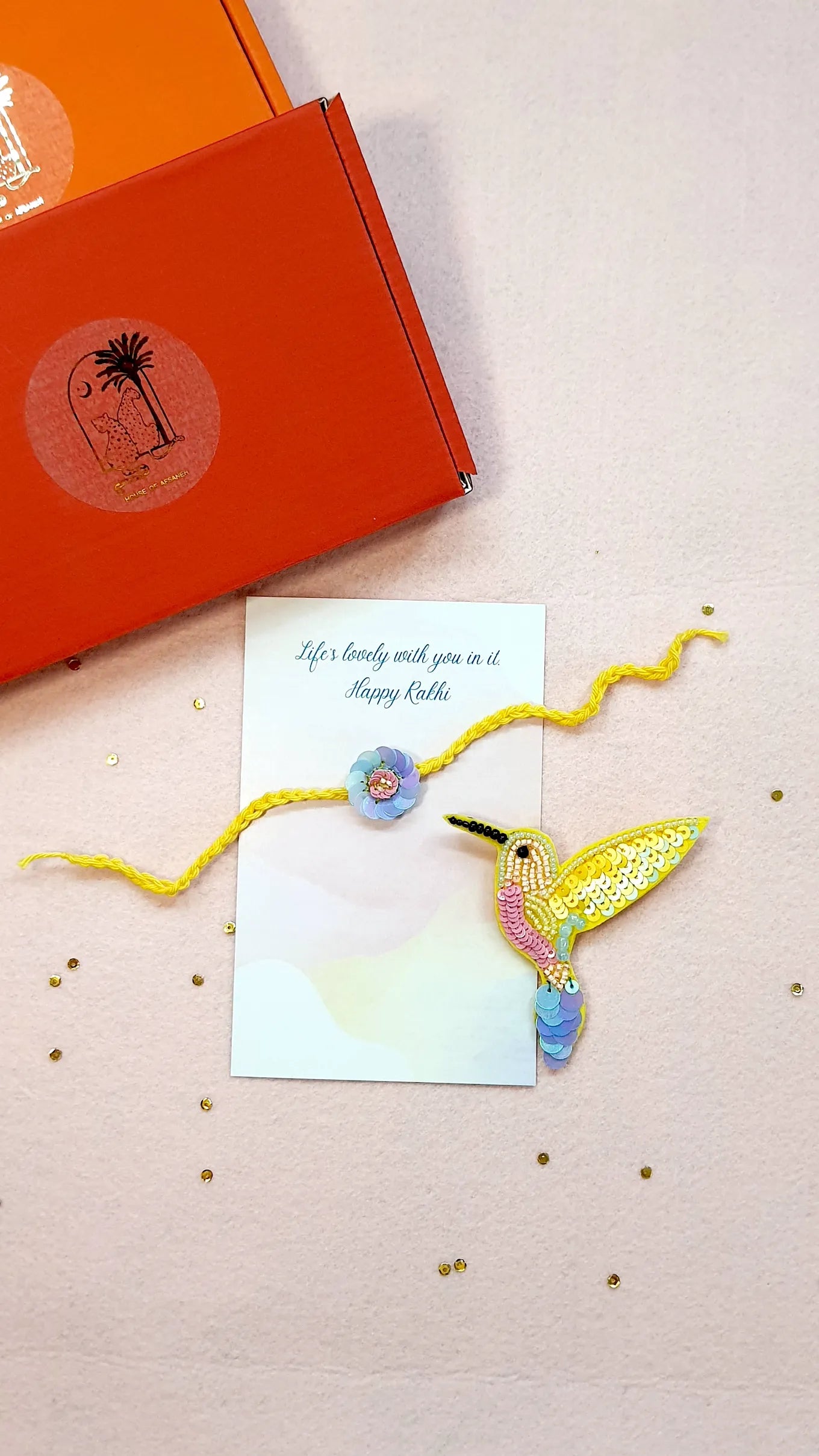 Phool Rakhi & Yellow Hummingbird Brooch