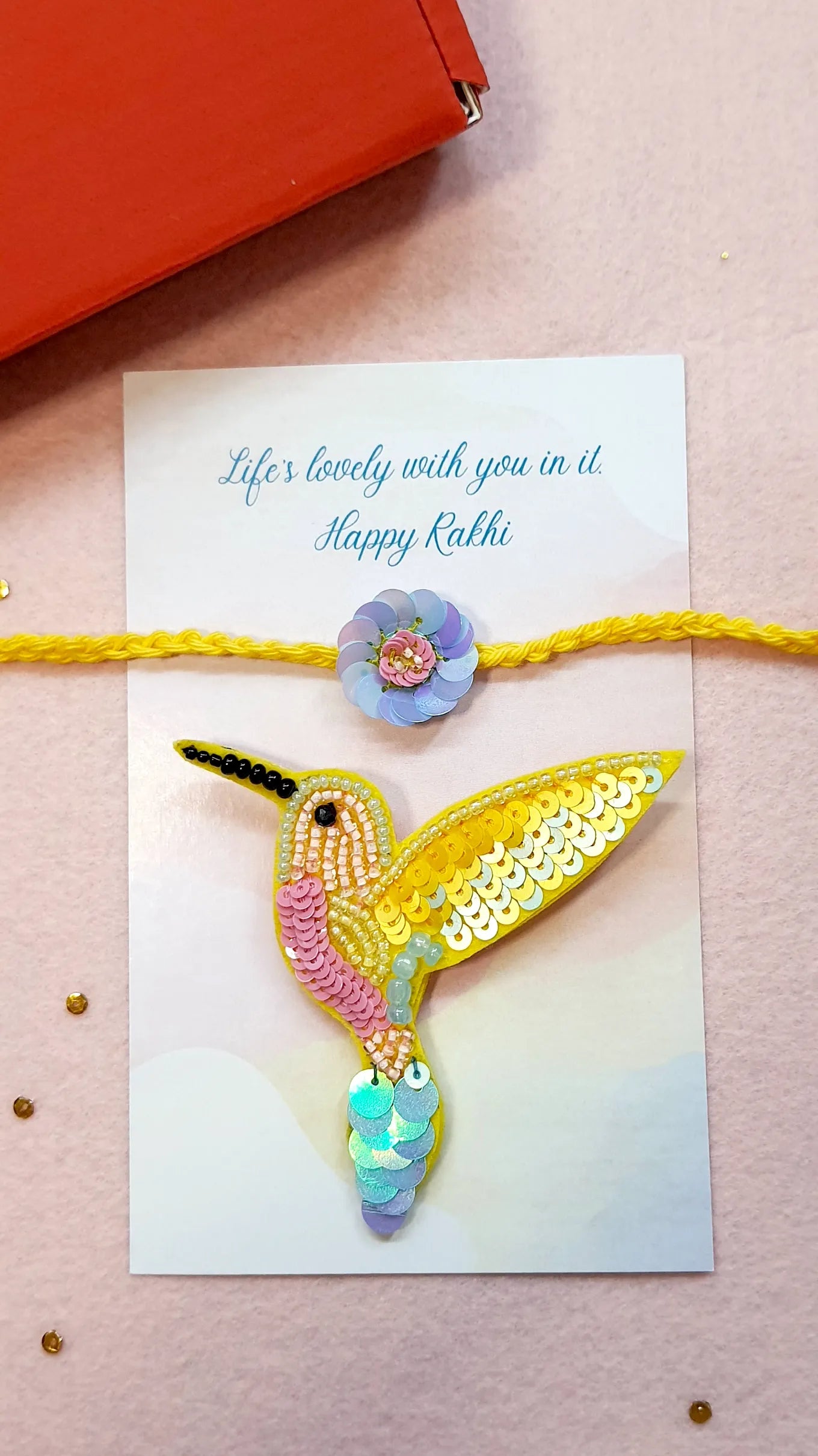 Phool Rakhi & Yellow Hummingbird Brooch